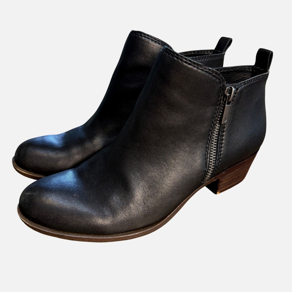 Lucky Brand Basel Black Leather Ankle Booties Womens 8M LK-BASEL Side Zip Boots